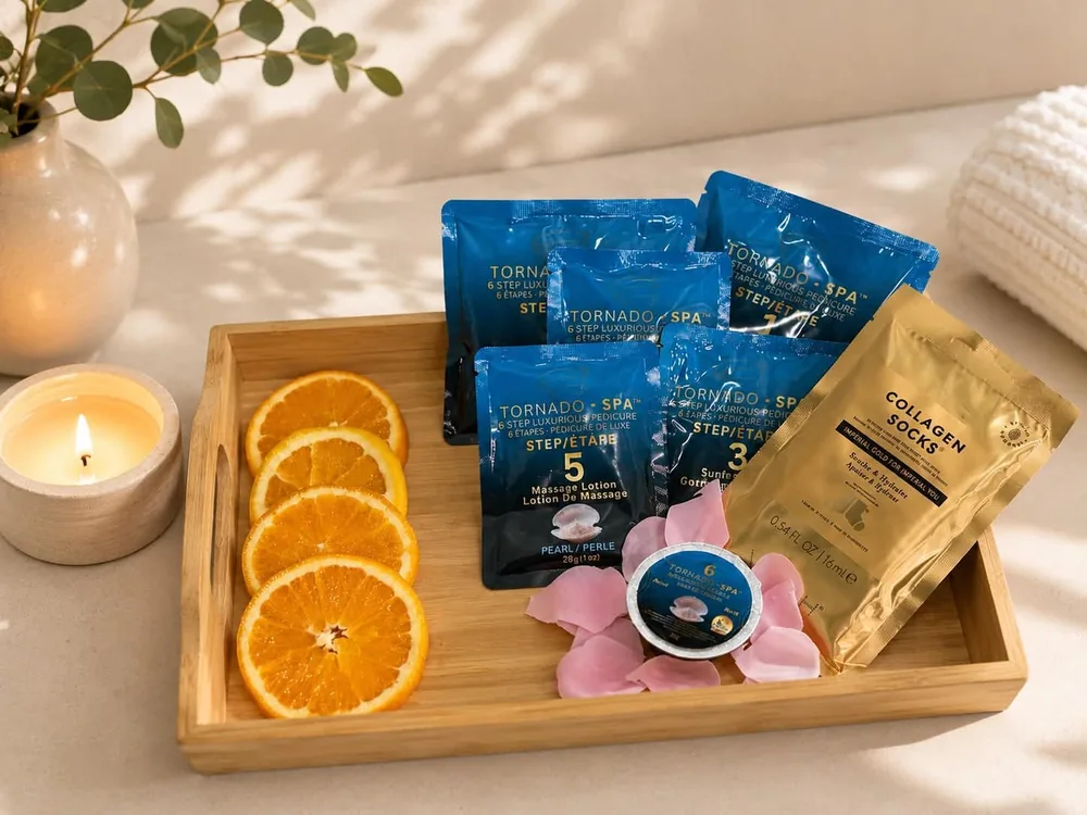 The six-step spa pedicure kit laid out on a bamboo tray with collagen socks, orange slices, rose petals, eucalyptus and a lit candle